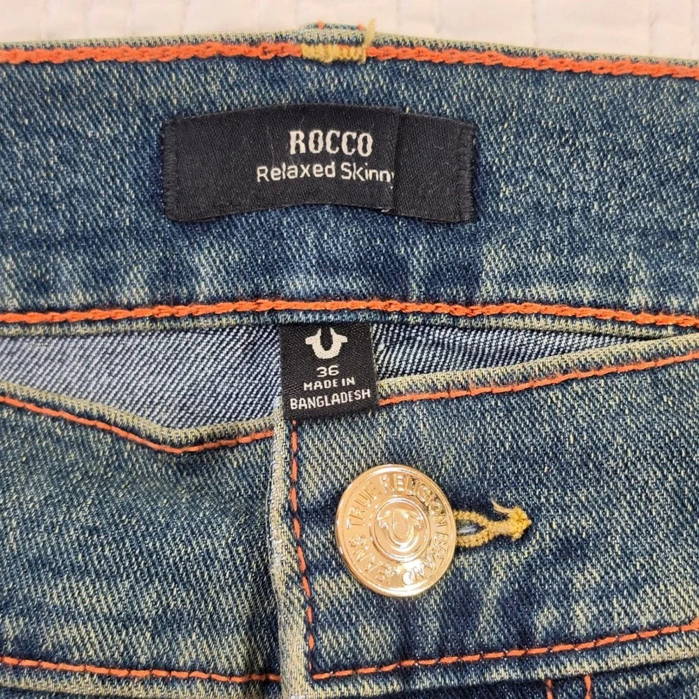 True Religion Rocco Relaxed Skinny Jeans Mens 36x32 Blue Dark Wash Stretch Demin